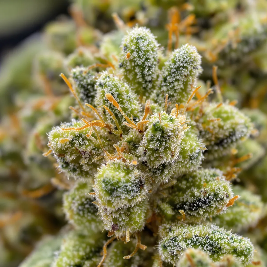 Diesel Power cannabis bud close-up showing lime-green airy structure
