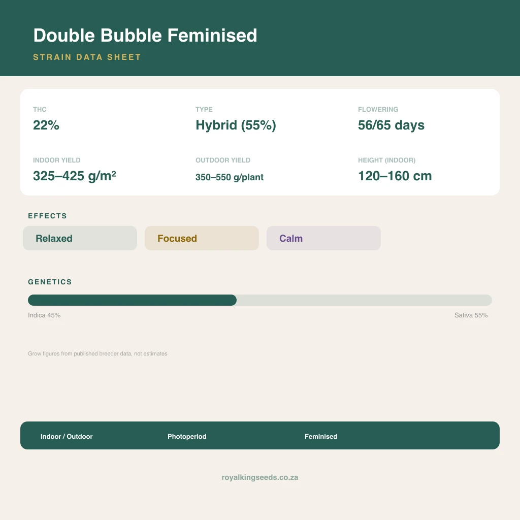Double Bubble 45% indica / 55% sativa flower with visible trichomes