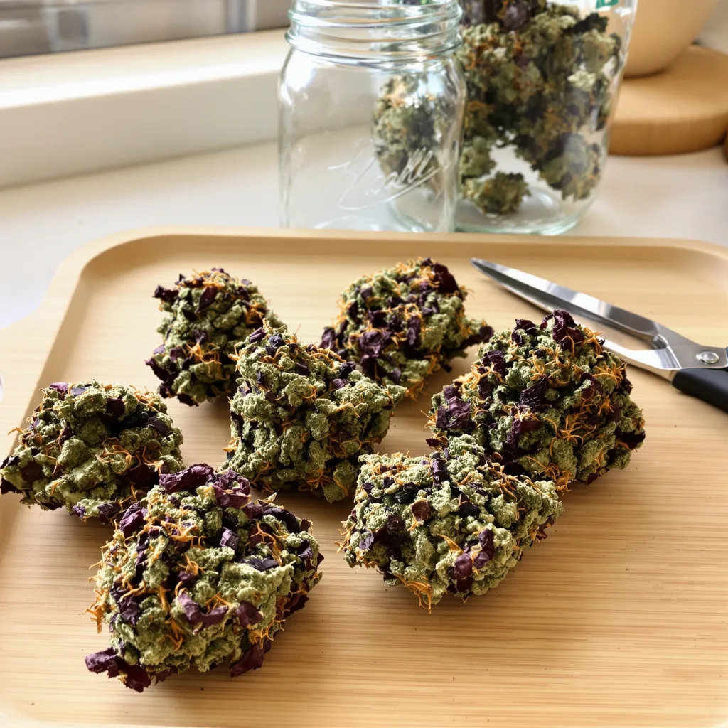 Double Purple Doja 68% indica / 32% sativa flower with visible trichomes
