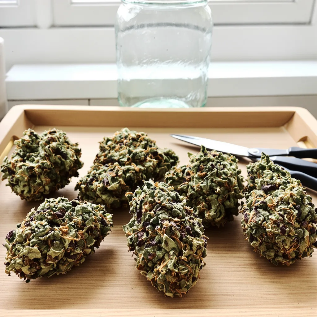 Dutch Kush 70% indica / 30% sativa flower with visible trichomes