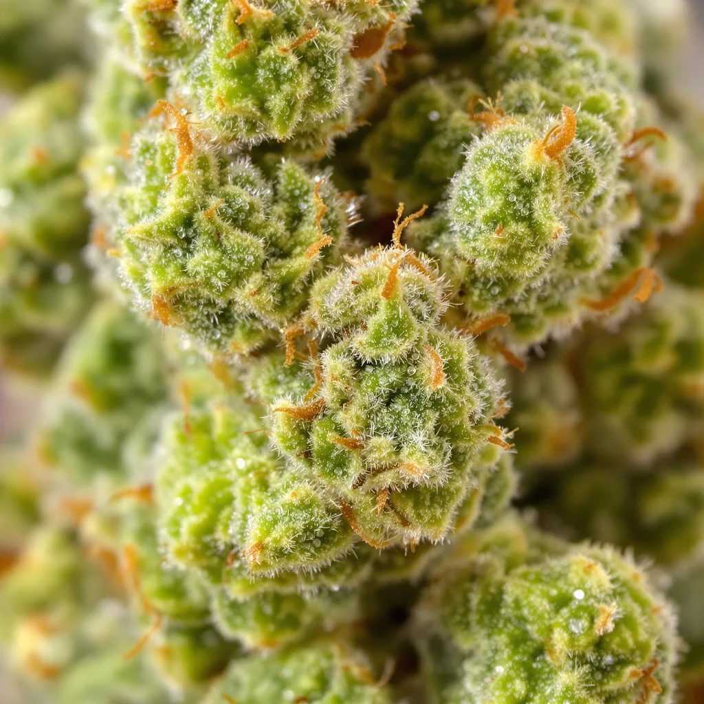 East Coast Sour Diesel cannabis bud close-up showing lime-green airy structure