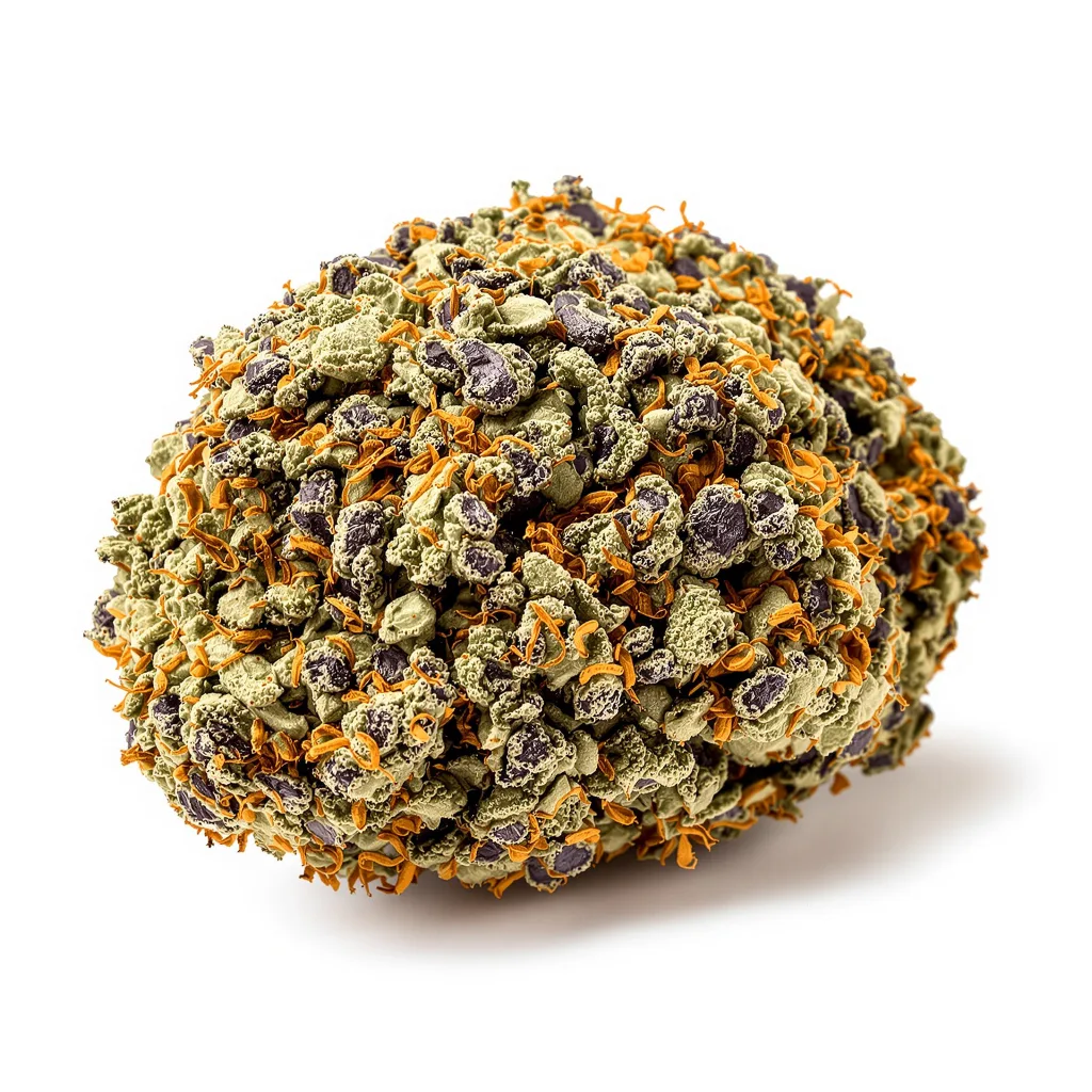 Fat Purple 74% indica / 26% sativa flower with visible trichomes
