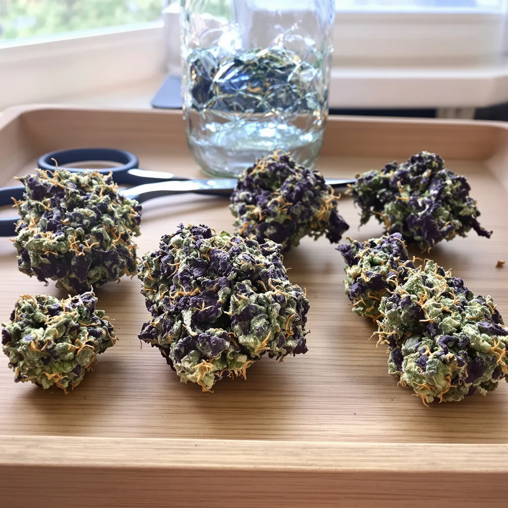 Fat Purple 74% indica / 26% sativa flower with visible trichomes