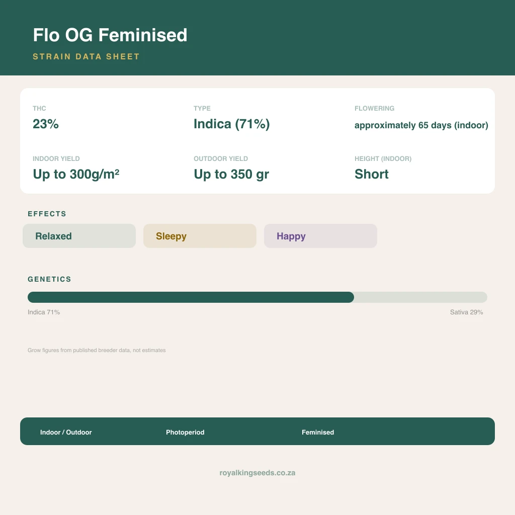 Flo OG 71% indica / 29% sativa flower with visible trichomes
