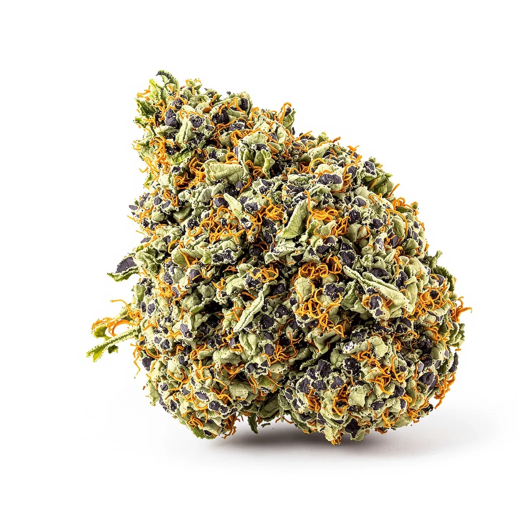 Flowerbomb Kush 67% indica / 33% sativa flower with visible trichomes