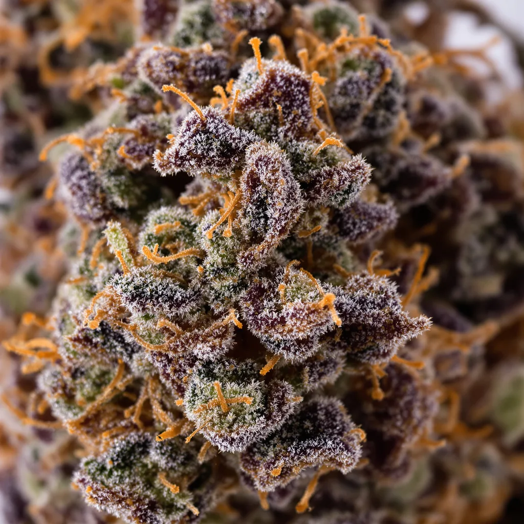 Freezeland cannabis bud close-up showing dense purple-tinged calyxes