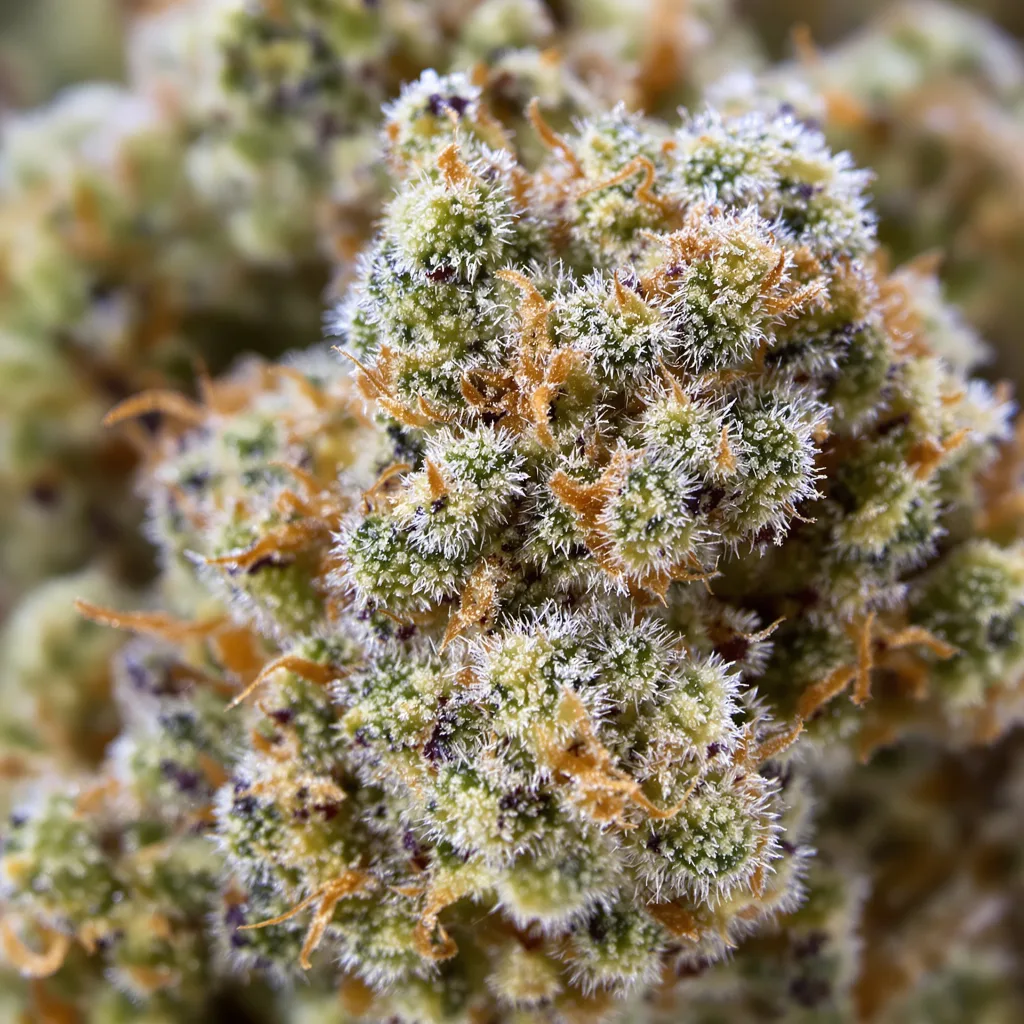 French Toast cannabis bud close-up showing dense forest-green nugs