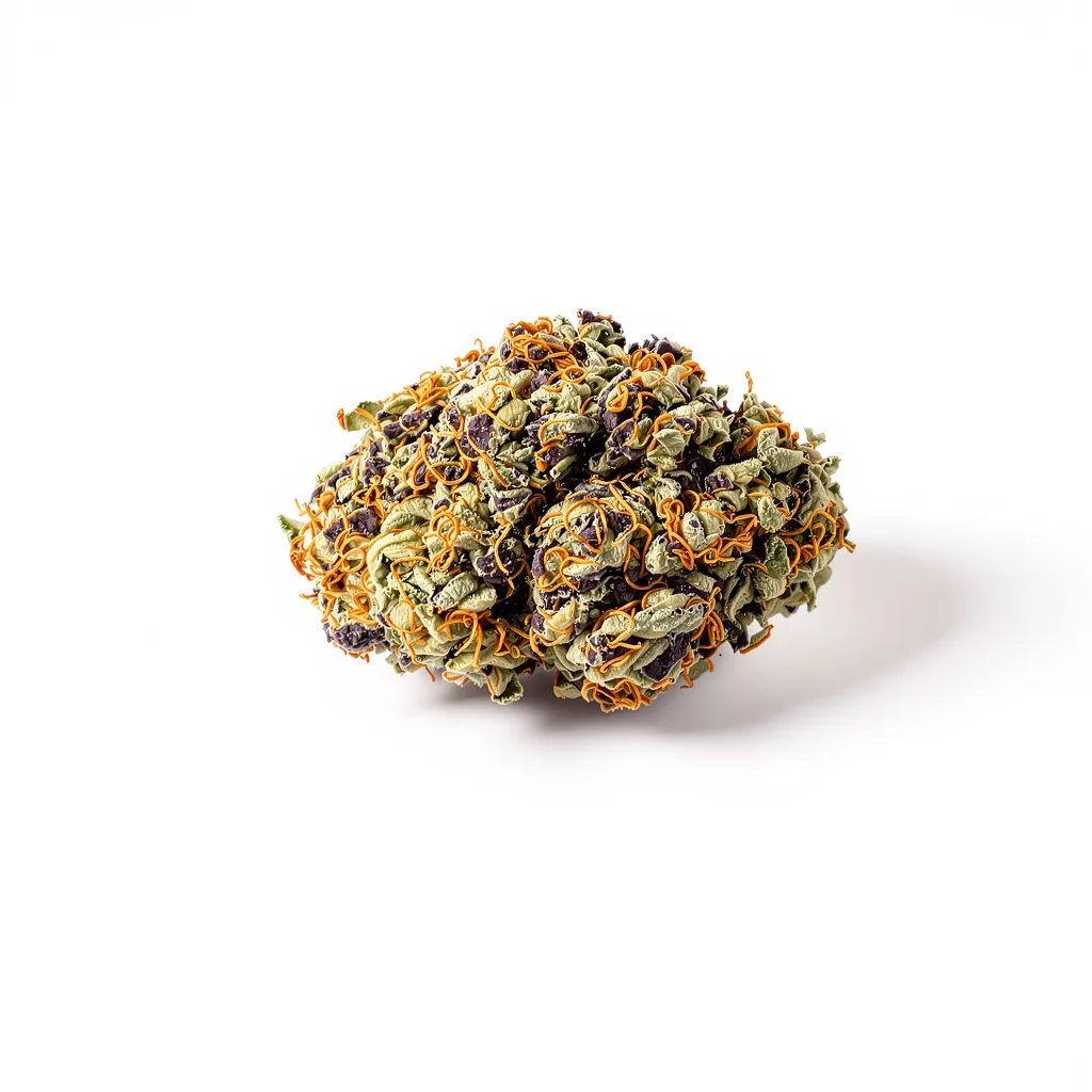 Fruitylicious 76% indica / 24% sativa flower with visible trichomes