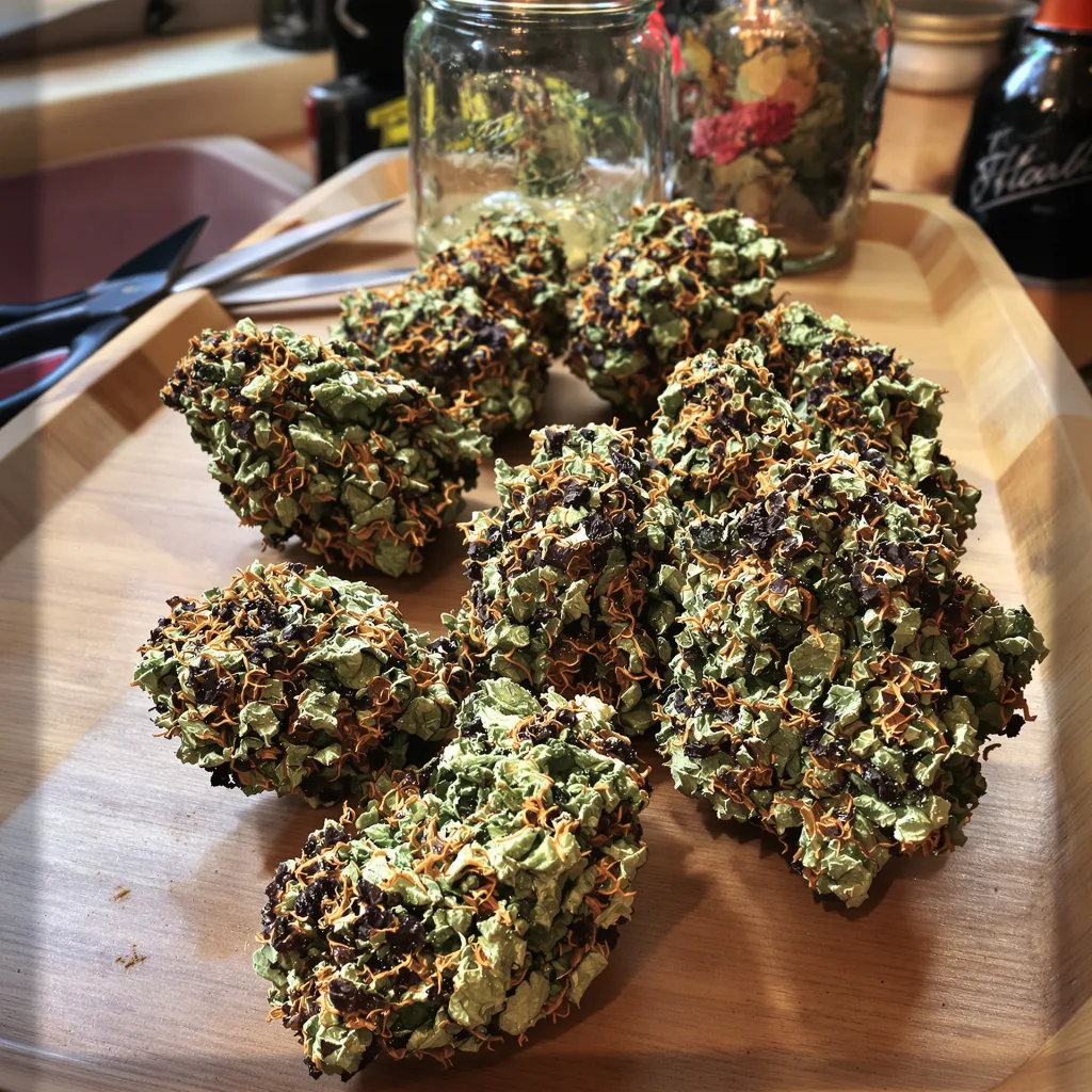 GMO Cookies 80% indica / 20% sativa flower with visible trichomes