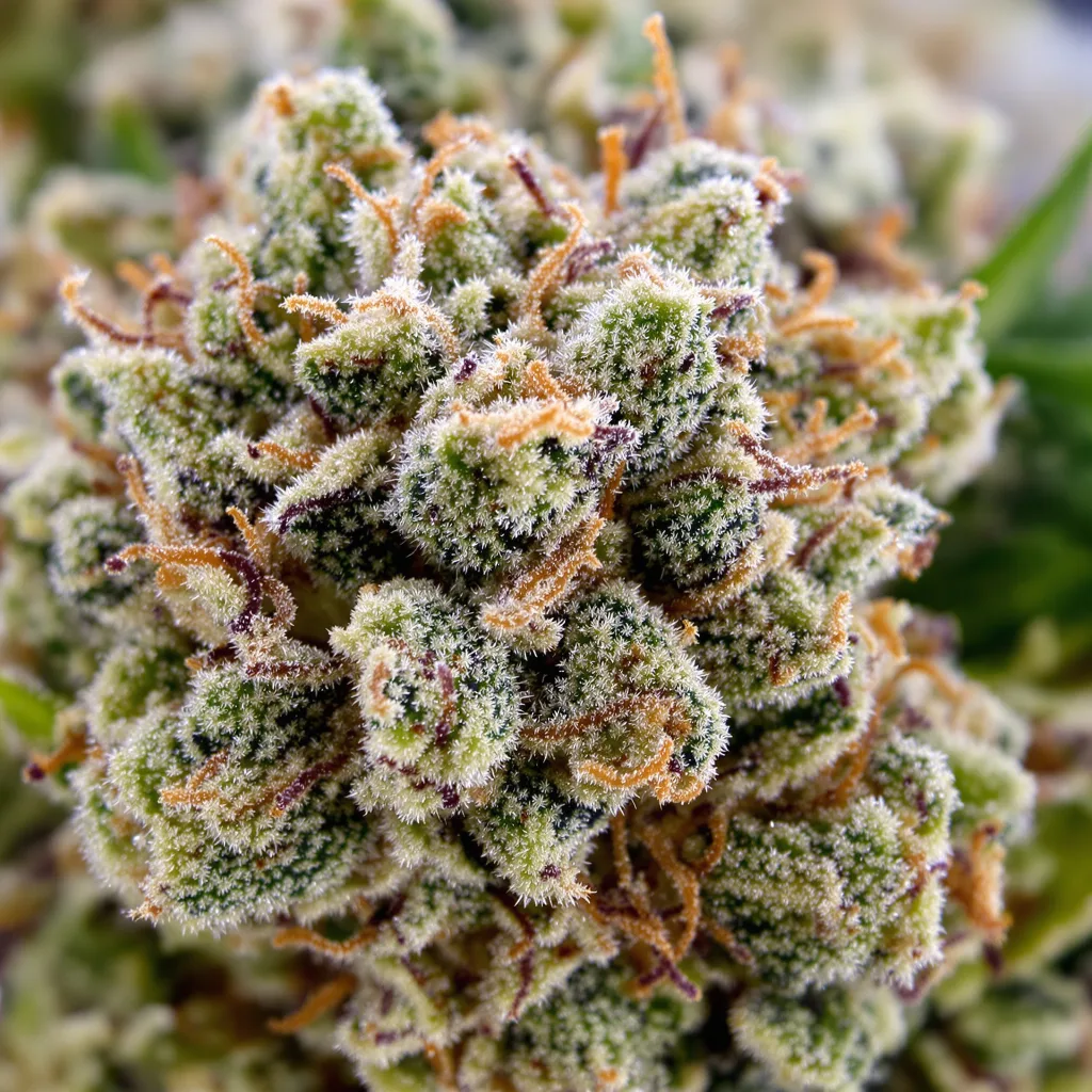 God's Green Crack cannabis bud close-up showing balanced bud structure with frosted trichomes