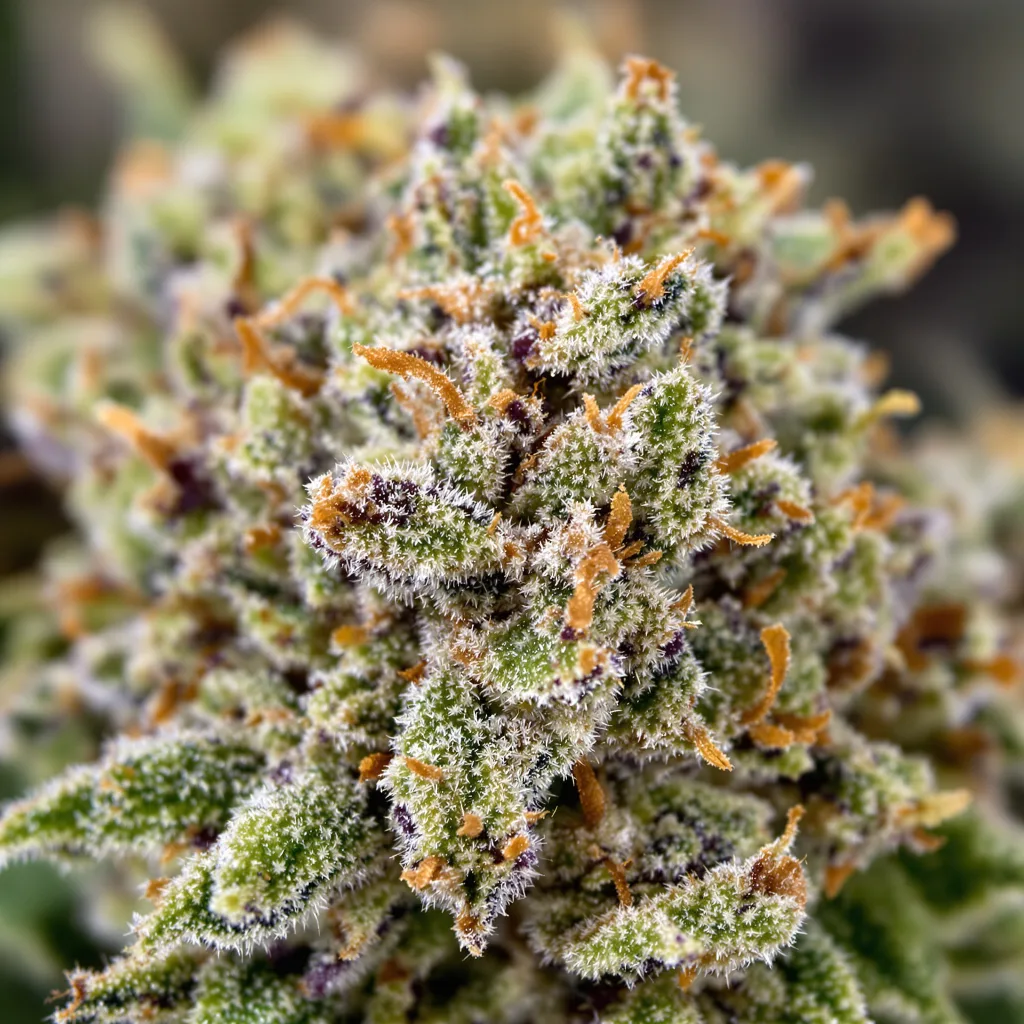 Godfather Purple Kush cannabis bud close-up showing balanced bud structure with frosted trichomes