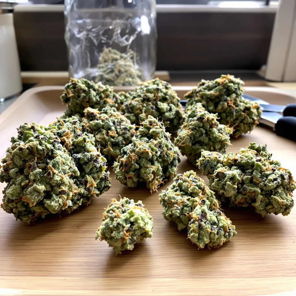 Godzilla Cookies 49% indica / 51% sativa flower with visible trichomes