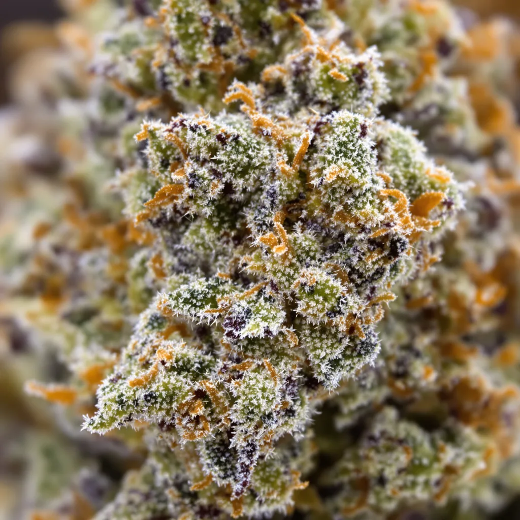 Godzilla Cookies cannabis bud close-up showing balanced bud structure with frosted trichomes