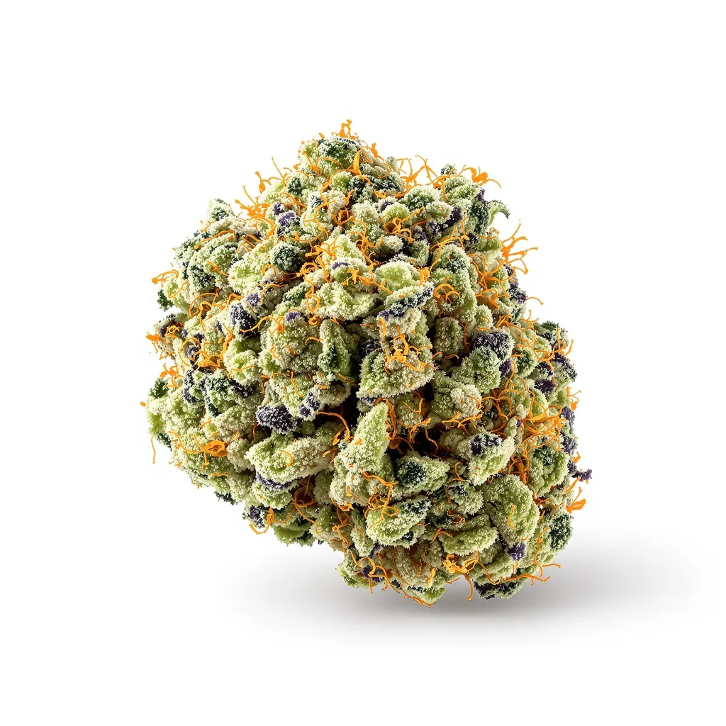 Golden Nugget 37% indica / 63% sativa flower with visible trichomes