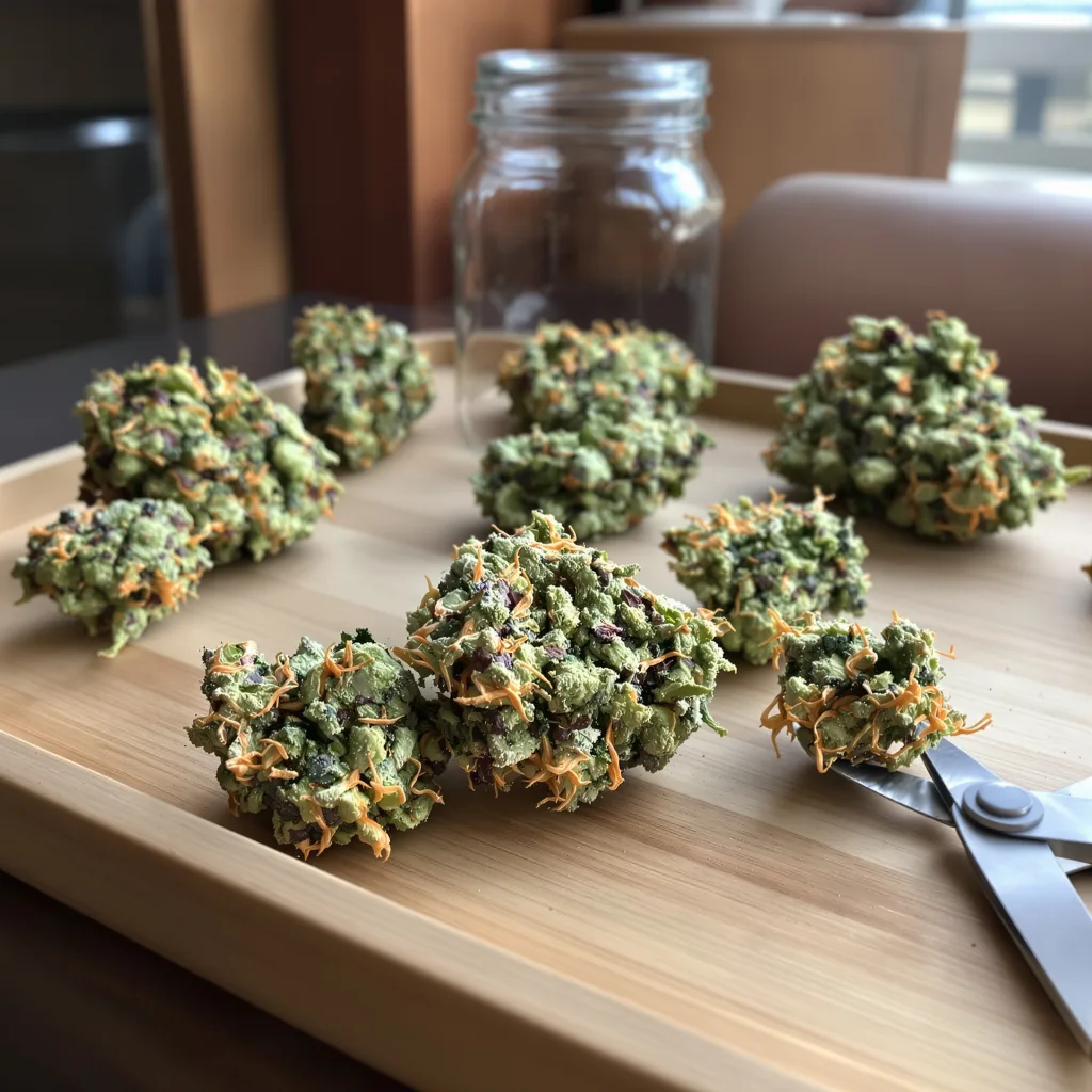 Grandmas Sugar Cookies 58% indica / 42% sativa flower with visible trichomes