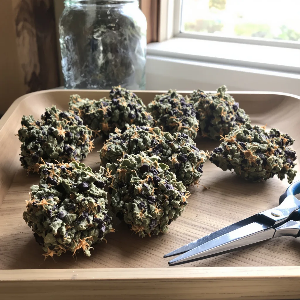 Grandmommy Purple 76% indica / 24% sativa flower with visible trichomes