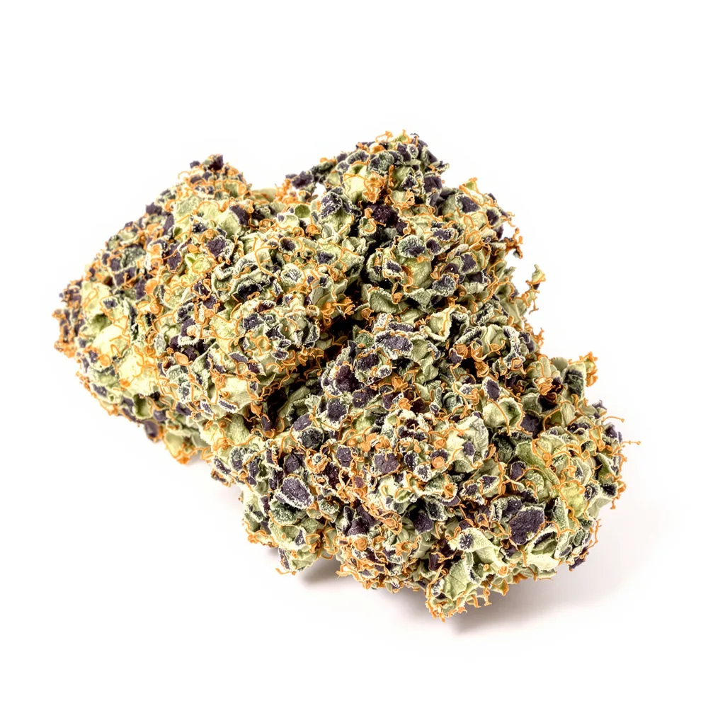 Grandmommy Purple 76% indica / 24% sativa flower with visible trichomes