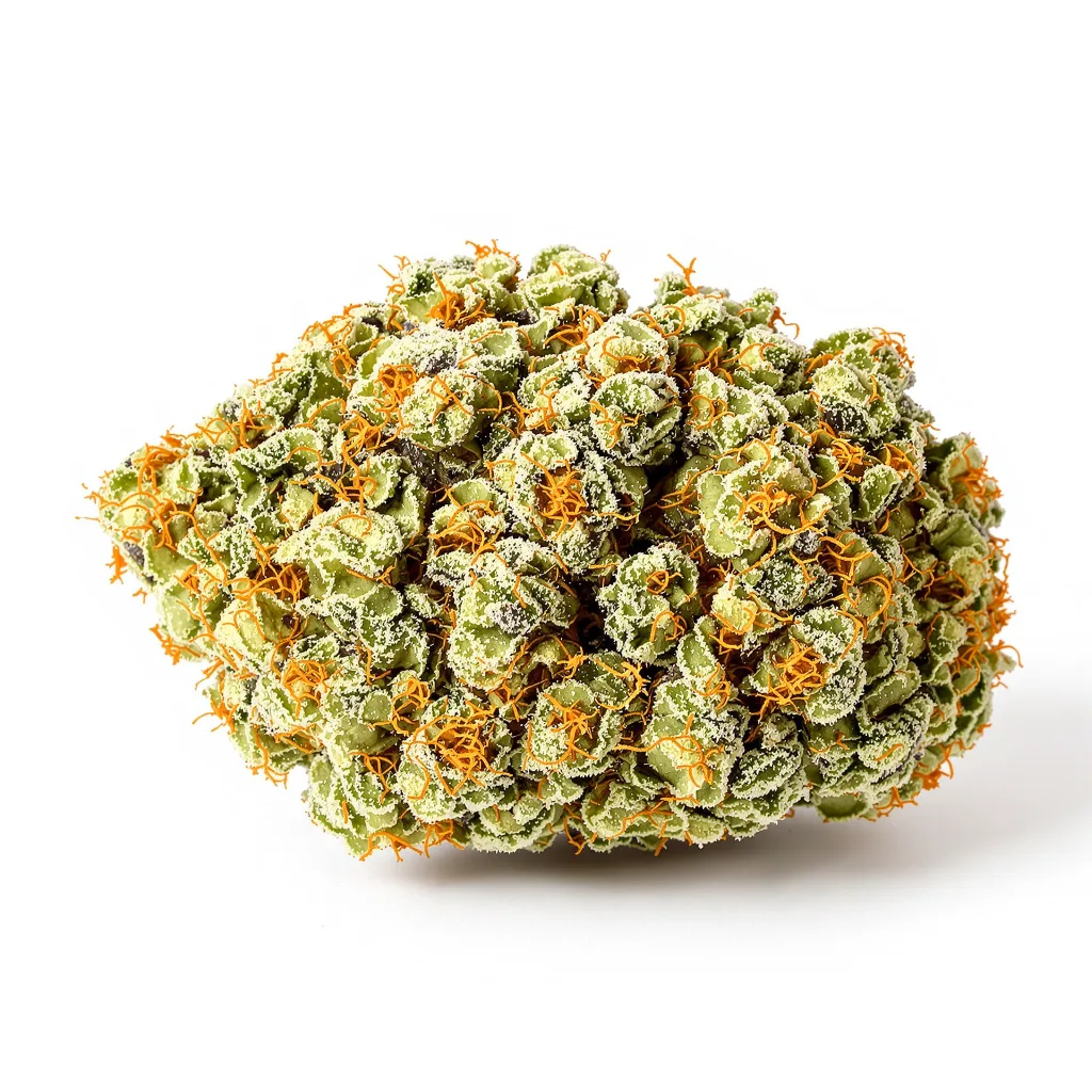 Grease Monkey 48% indica / 52% sativa flower with visible trichomes
