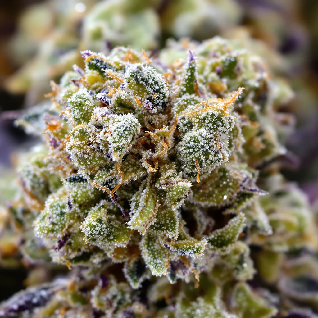 Green Door Kush cannabis bud close-up showing open-bud structure with orange pistils