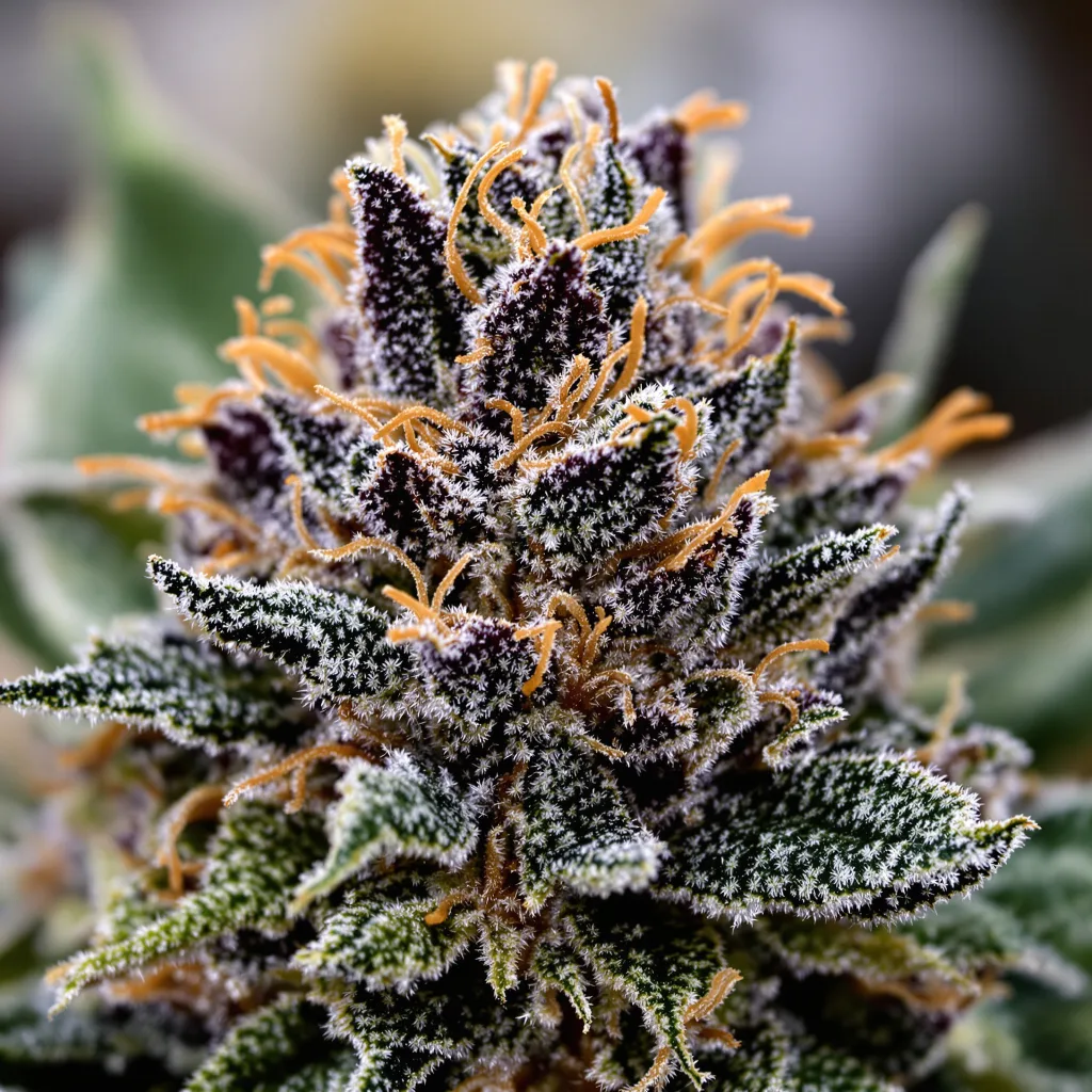Green Poison cannabis bud close-up showing dense purple-tinged calyxes