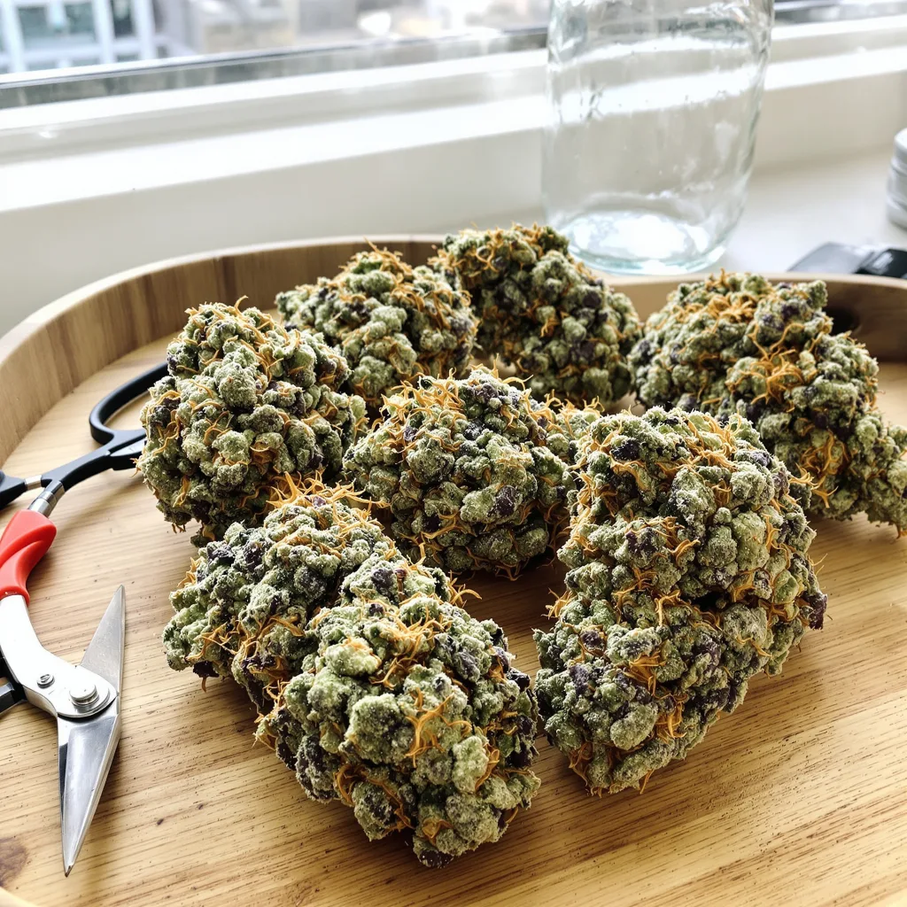 Green Queen 44% indica / 56% sativa flower with visible trichomes