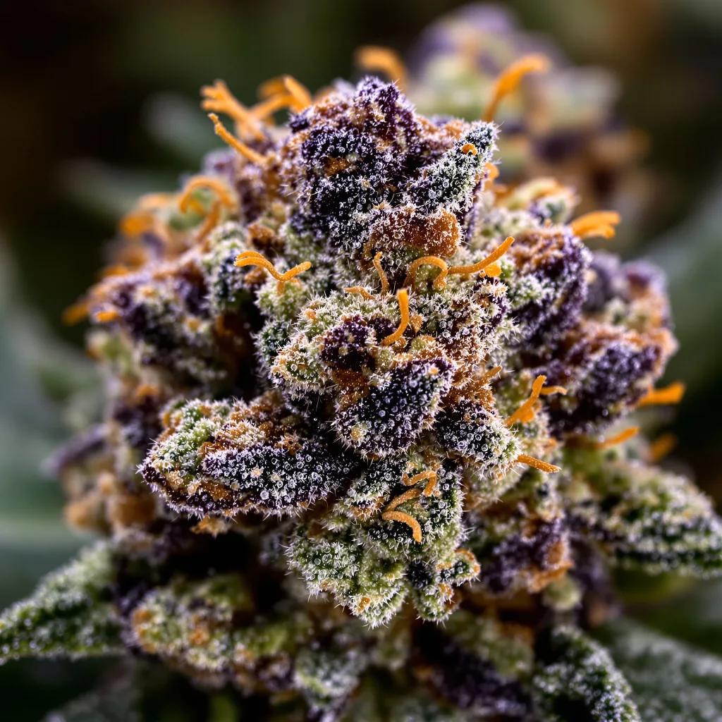 Hawaiian Purple Kush cannabis bud close-up showing dense purple-tinged calyxes