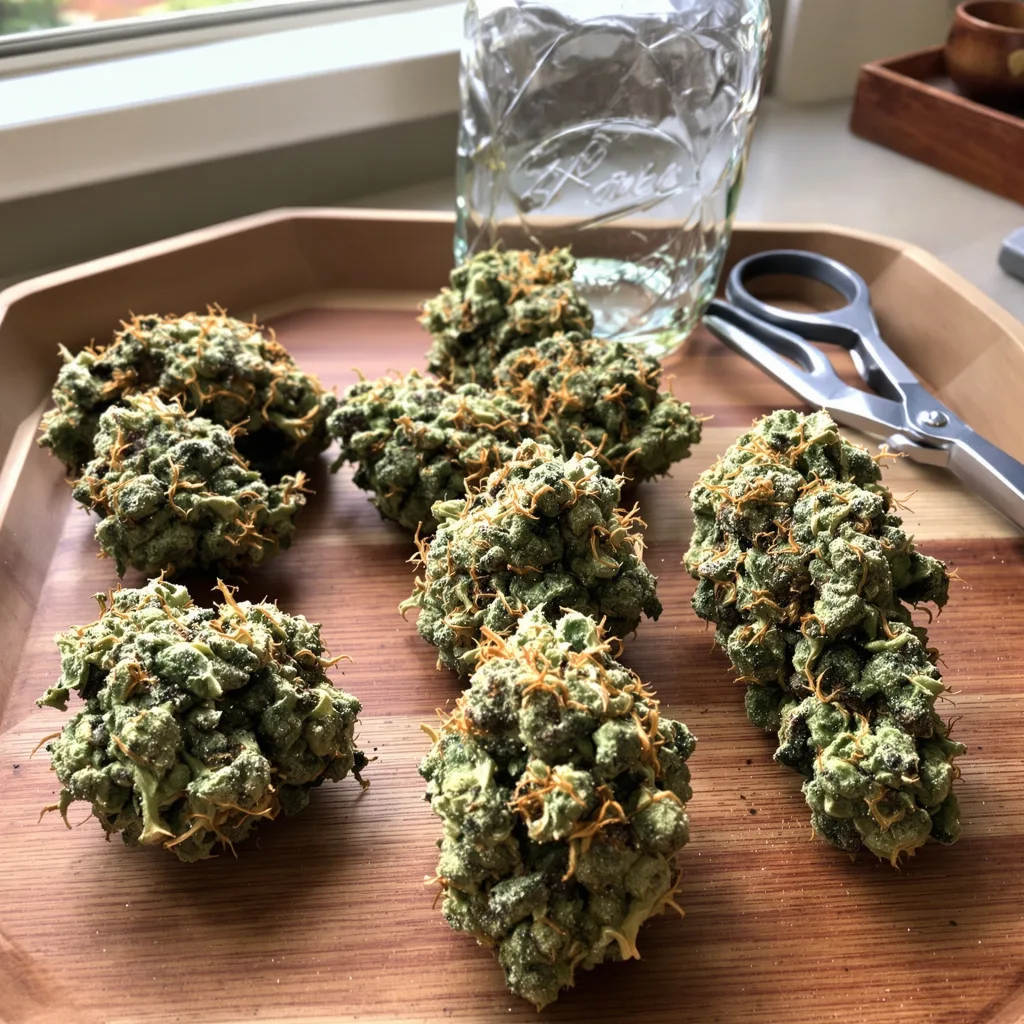 Heavy Duty Fruity 55% indica / 45% sativa flower with visible trichomes