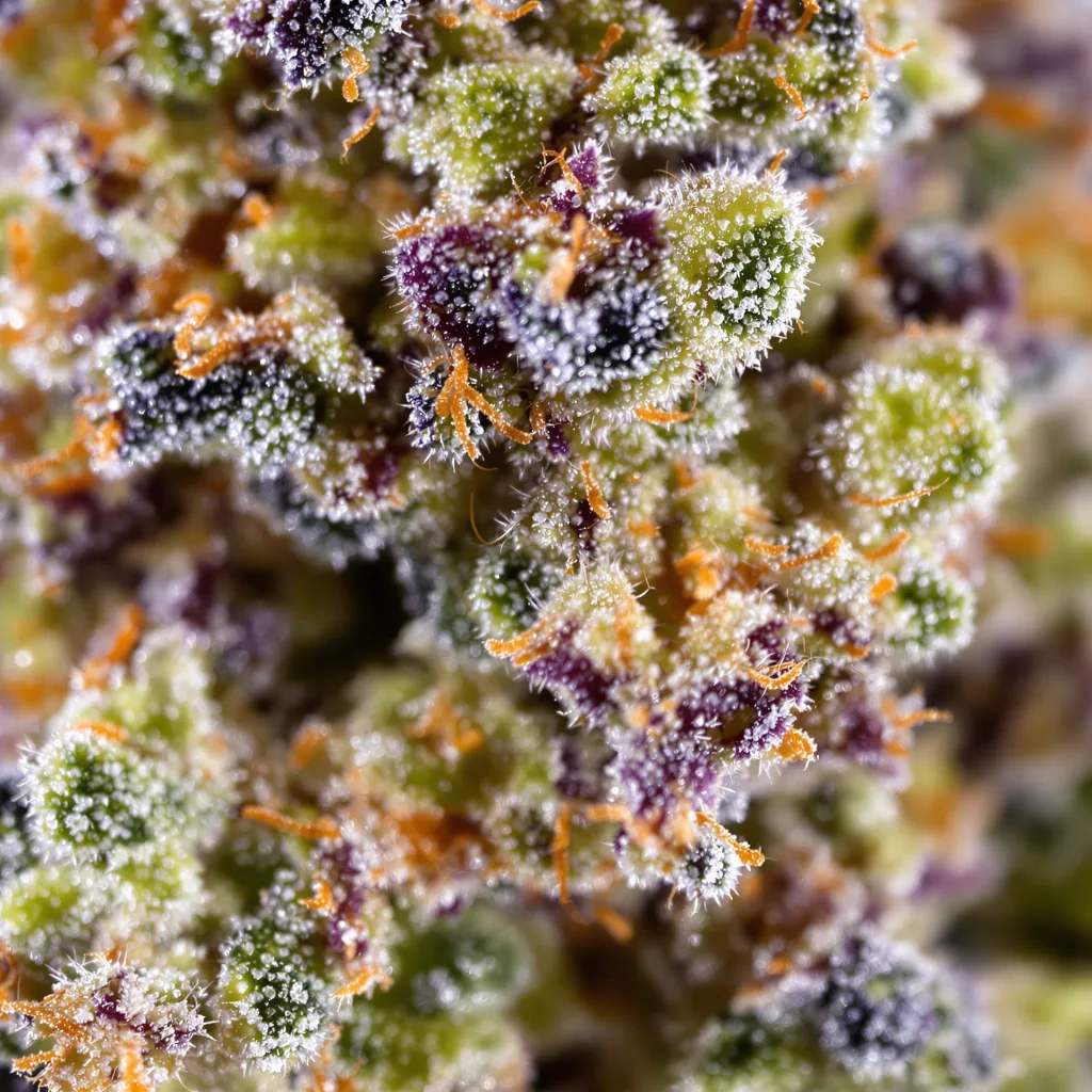 Heavy Duty Fruity cannabis bud close-up showing balanced bud structure with frosted trichomes