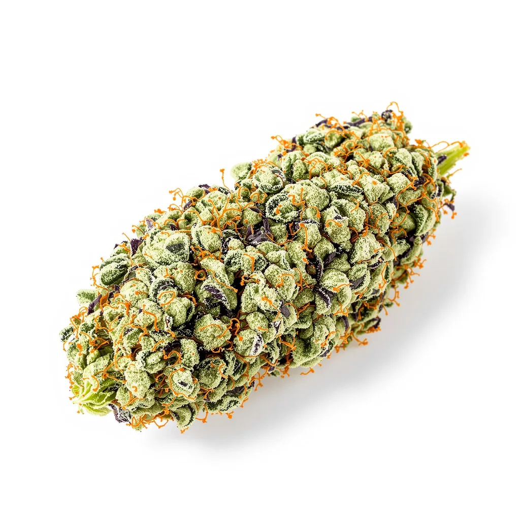 Heavy Duty Fruity 55% indica / 45% sativa flower with visible trichomes