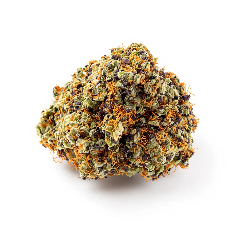 Hindu Kush 67% indica / 33% sativa flower with visible trichomes