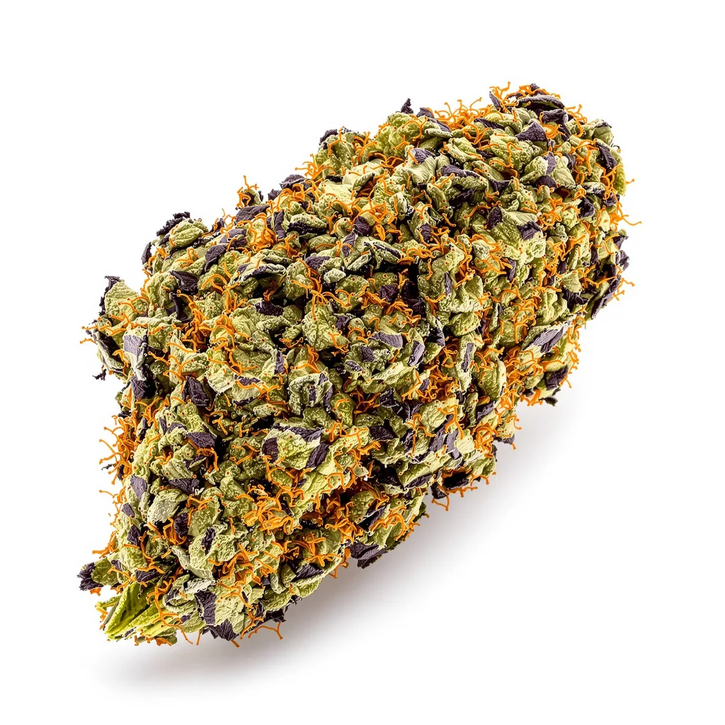 Hood Candy 76% indica / 24% sativa flower with visible trichomes