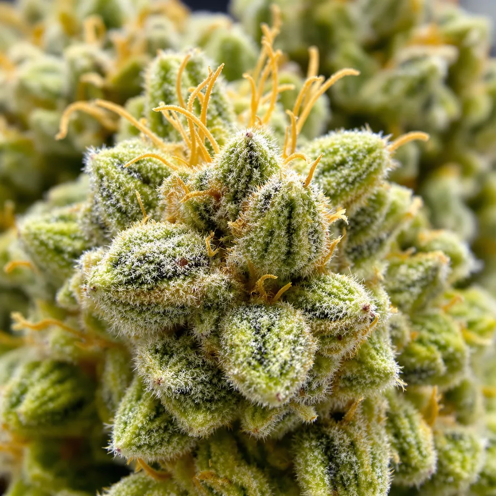 Industrial Plant cannabis bud close-up showing lime-green airy structure