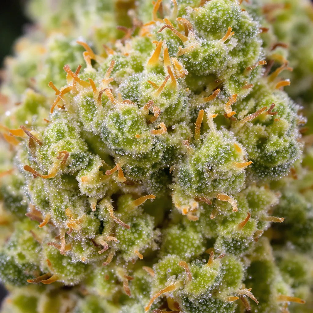 Jack Skellington cannabis bud close-up showing lime-green airy structure