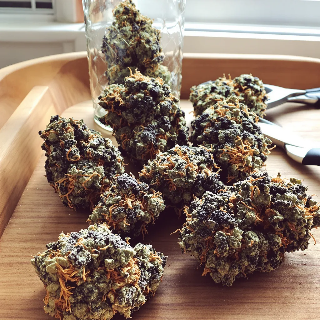 Jedi Kush 64% indica / 36% sativa flower with visible trichomes