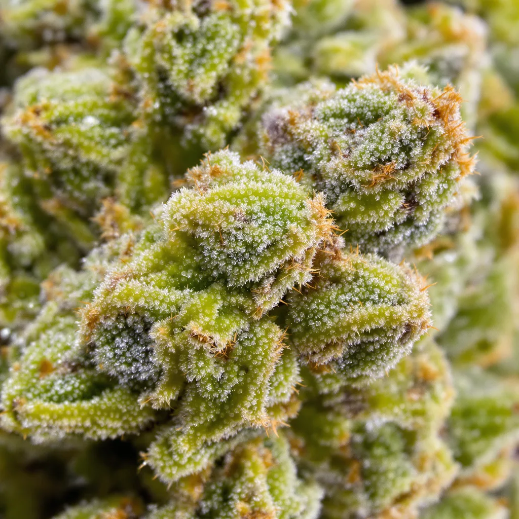 Jungle Juice cannabis bud close-up showing lime-green airy structure