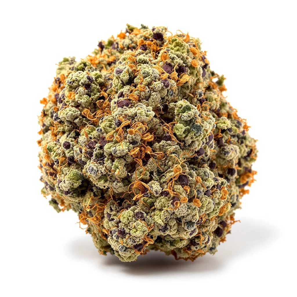 K-Train 69% indica / 31% sativa flower with visible trichomes