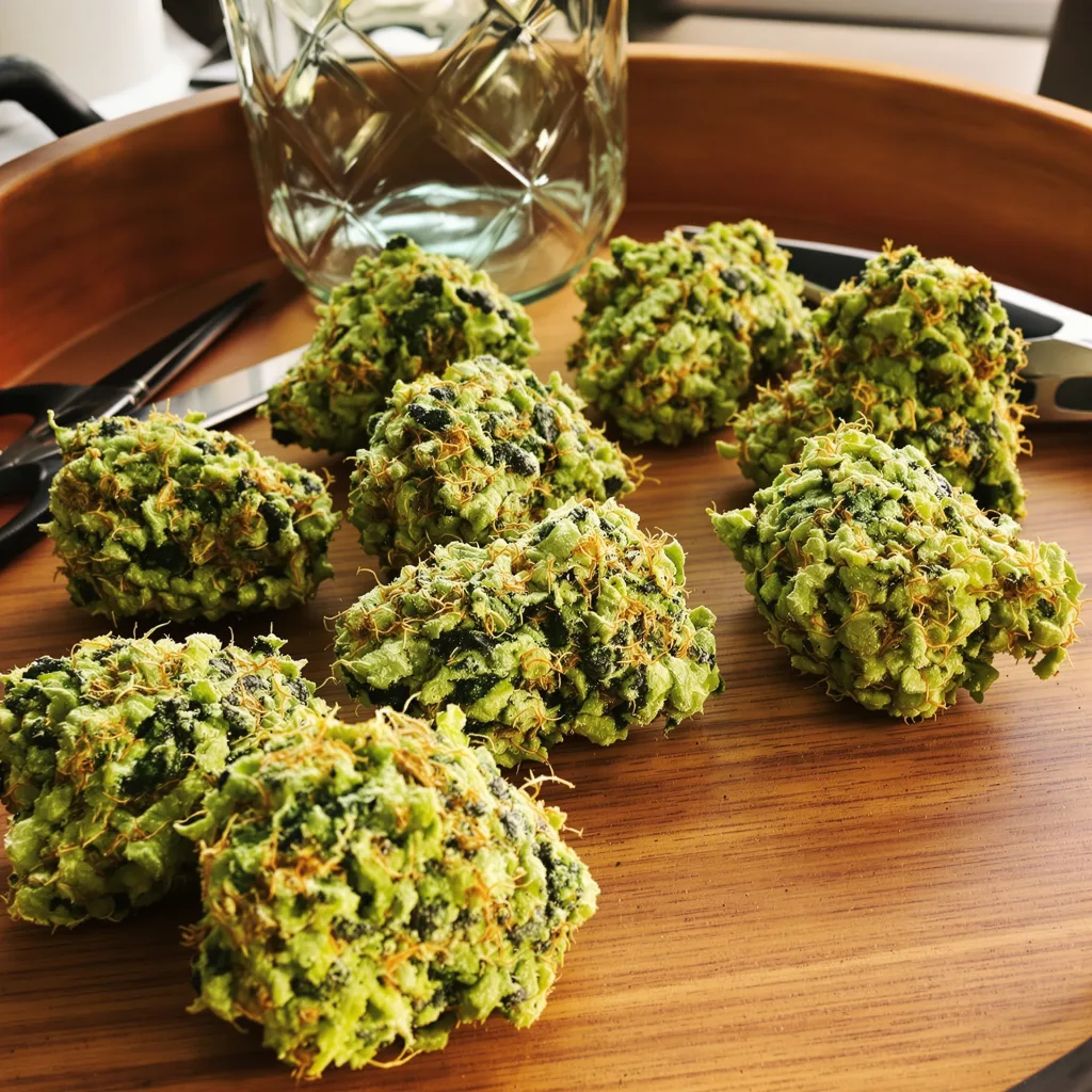Kali Dog 17% indica / 83% sativa flower with visible trichomes