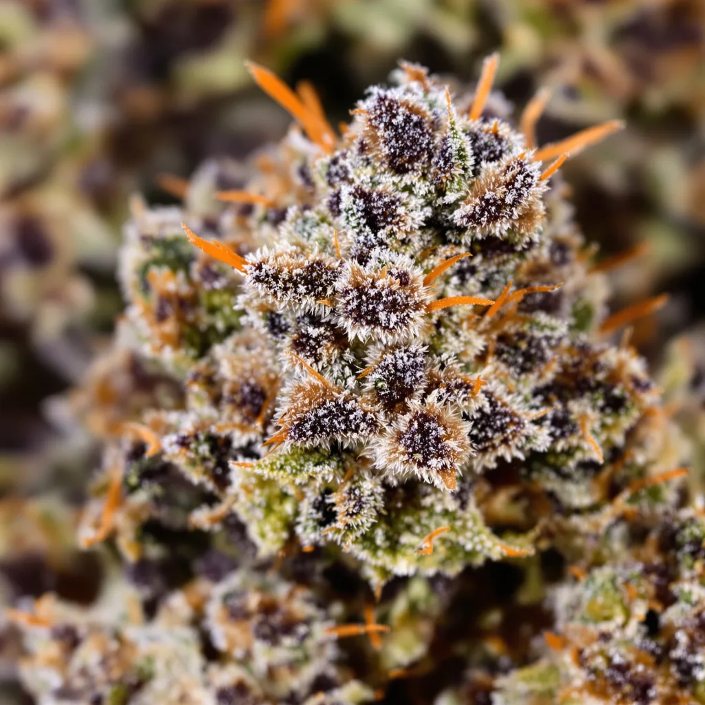 King Louis XIII cannabis bud close-up showing dense purple-tinged calyxes