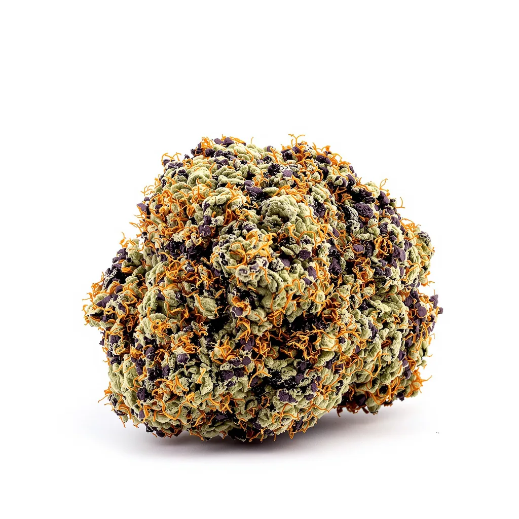 Kiwiskunk 69% indica / 31% sativa flower with visible trichomes