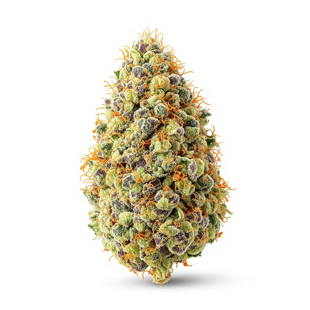 Larry OG 56% indica / 44% sativa flower with visible trichomes