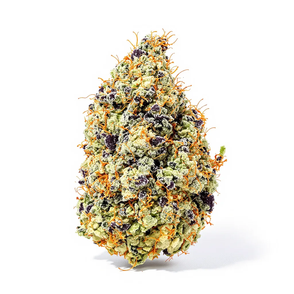 Larry OG 56% indica / 44% sativa flower with visible trichomes