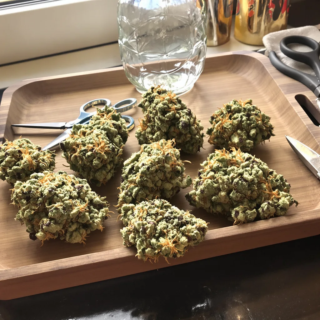 Lemon Skunk 33% indica / 67% sativa flower with visible trichomes