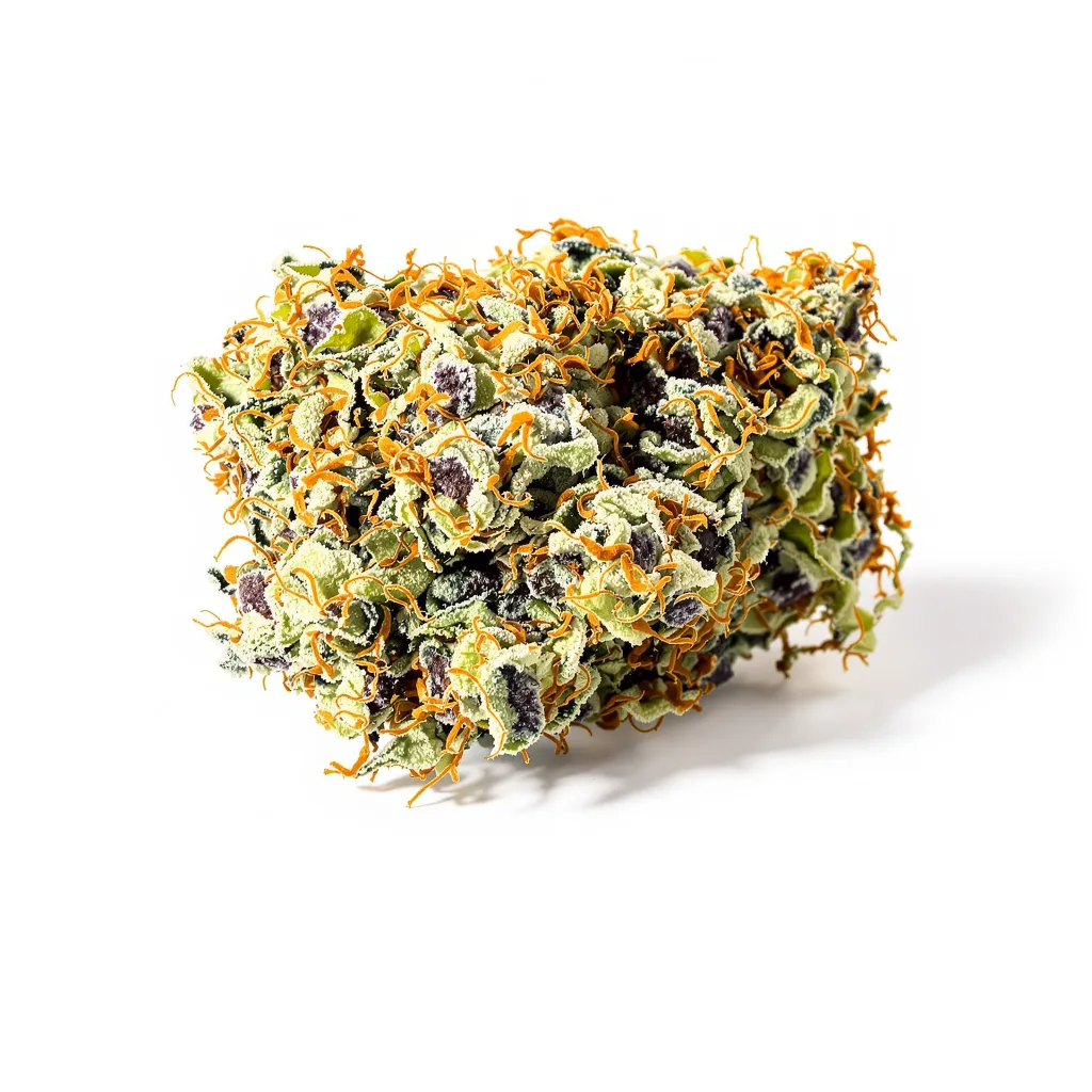 Lemon Skunk 33% indica / 67% sativa flower with visible trichomes