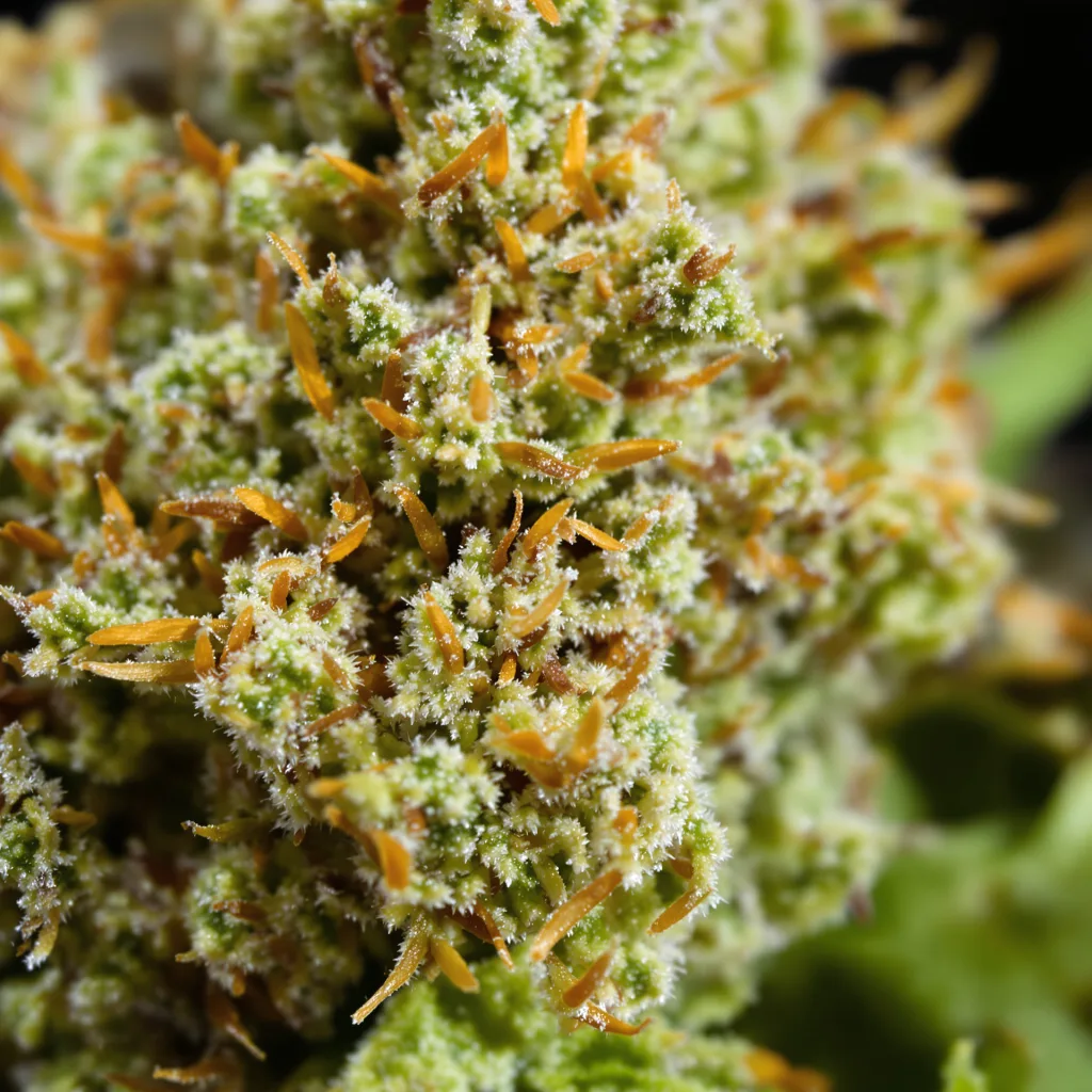 Liberty Haze cannabis bud close-up showing lime-green airy structure