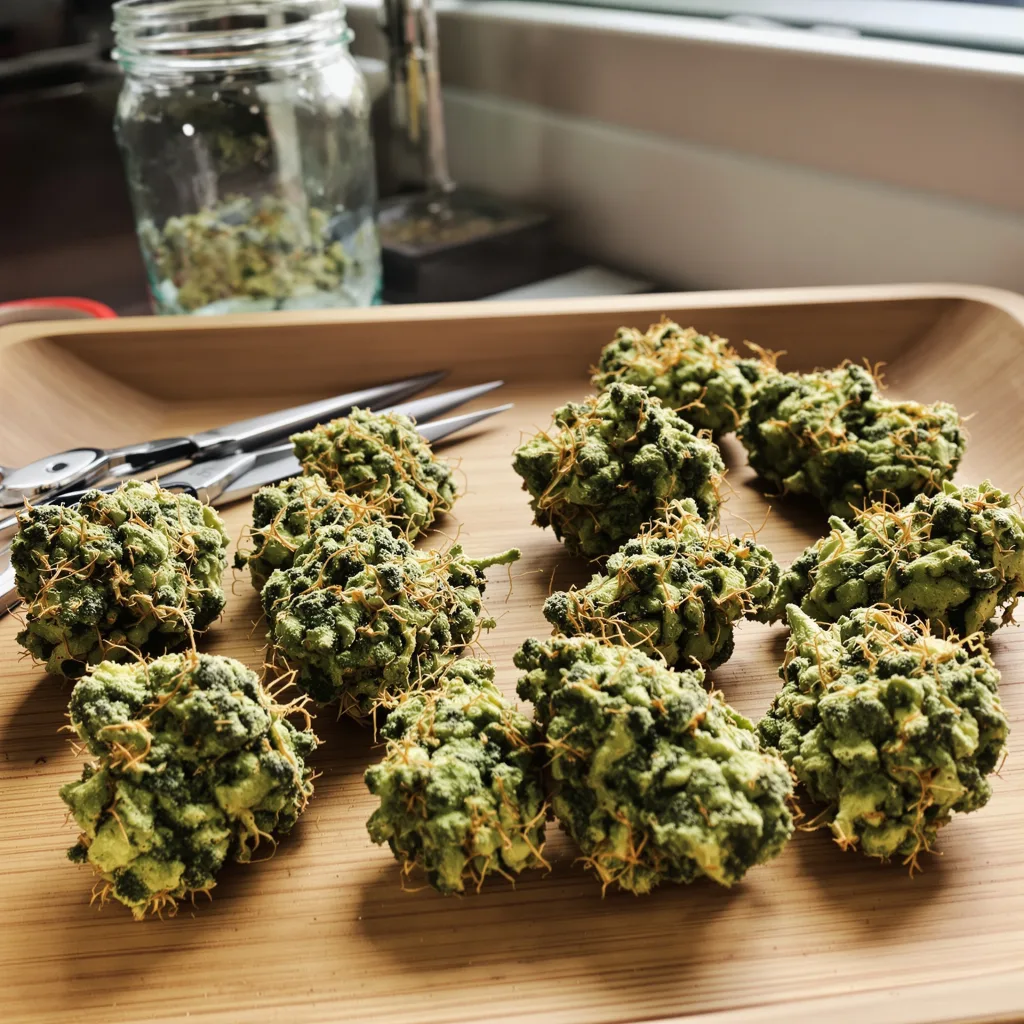 Love Potion #1 30% indica / 70% sativa flower with visible trichomes