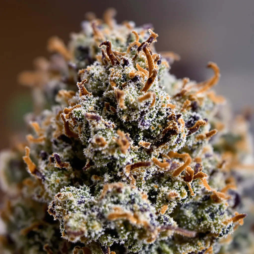 Lucky Dog cannabis bud close-up showing dense purple-tinged calyxes
