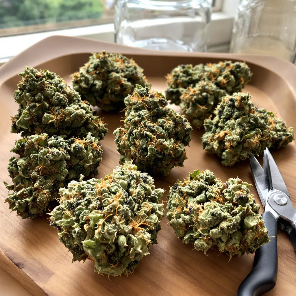 Master Jedi 44% indica / 56% sativa flower with visible trichomes