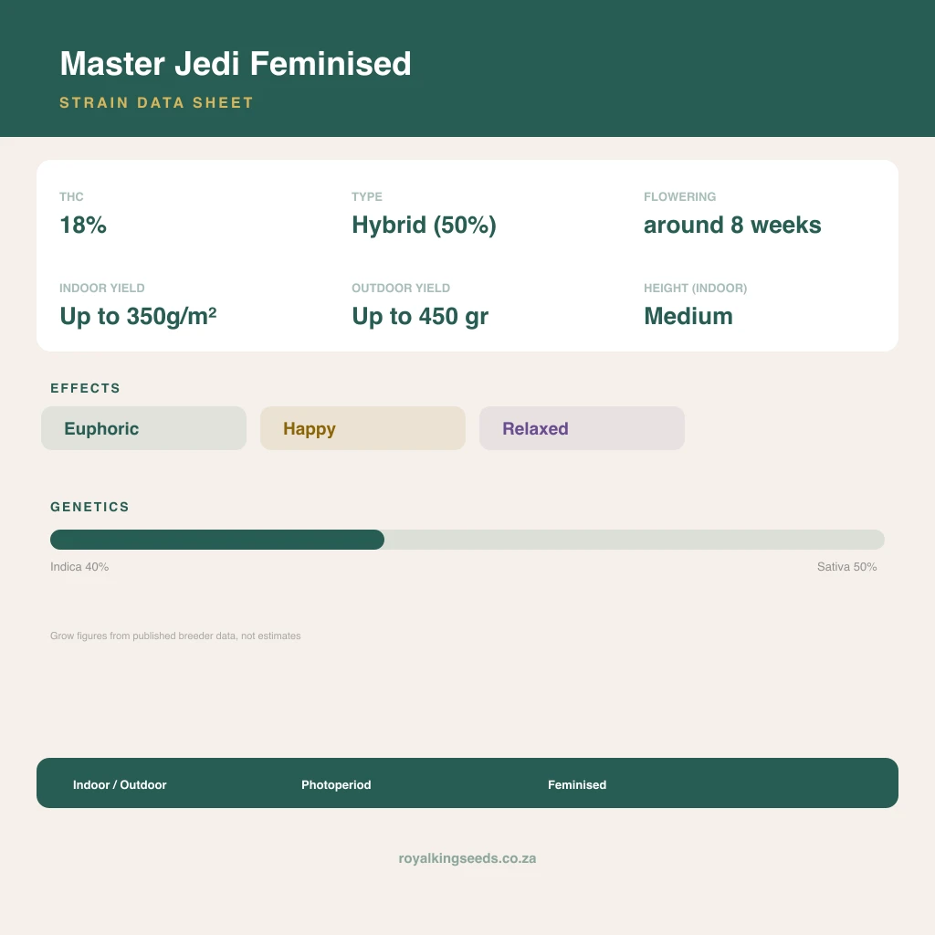 Master Jedi 44% indica / 56% sativa flower with visible trichomes