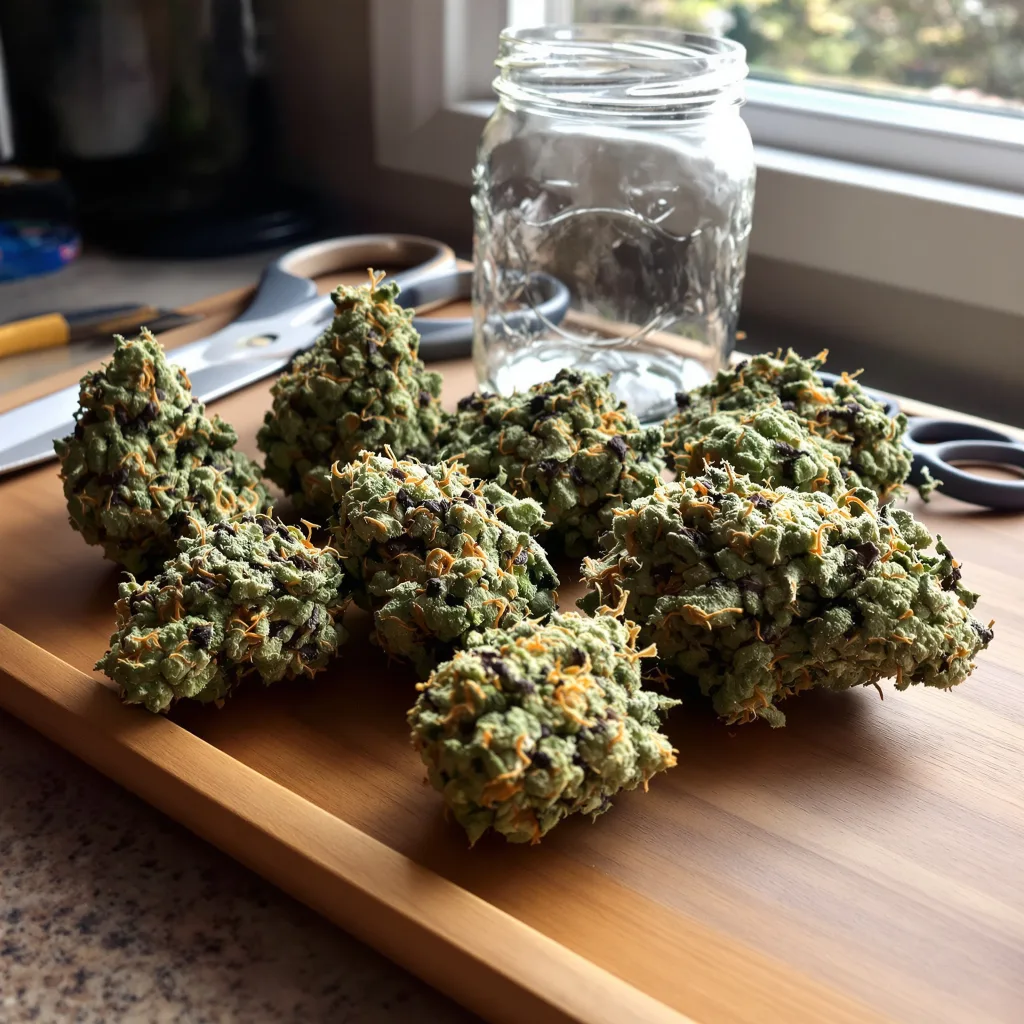 Master Yoda 44% indica / 56% sativa flower with visible trichomes