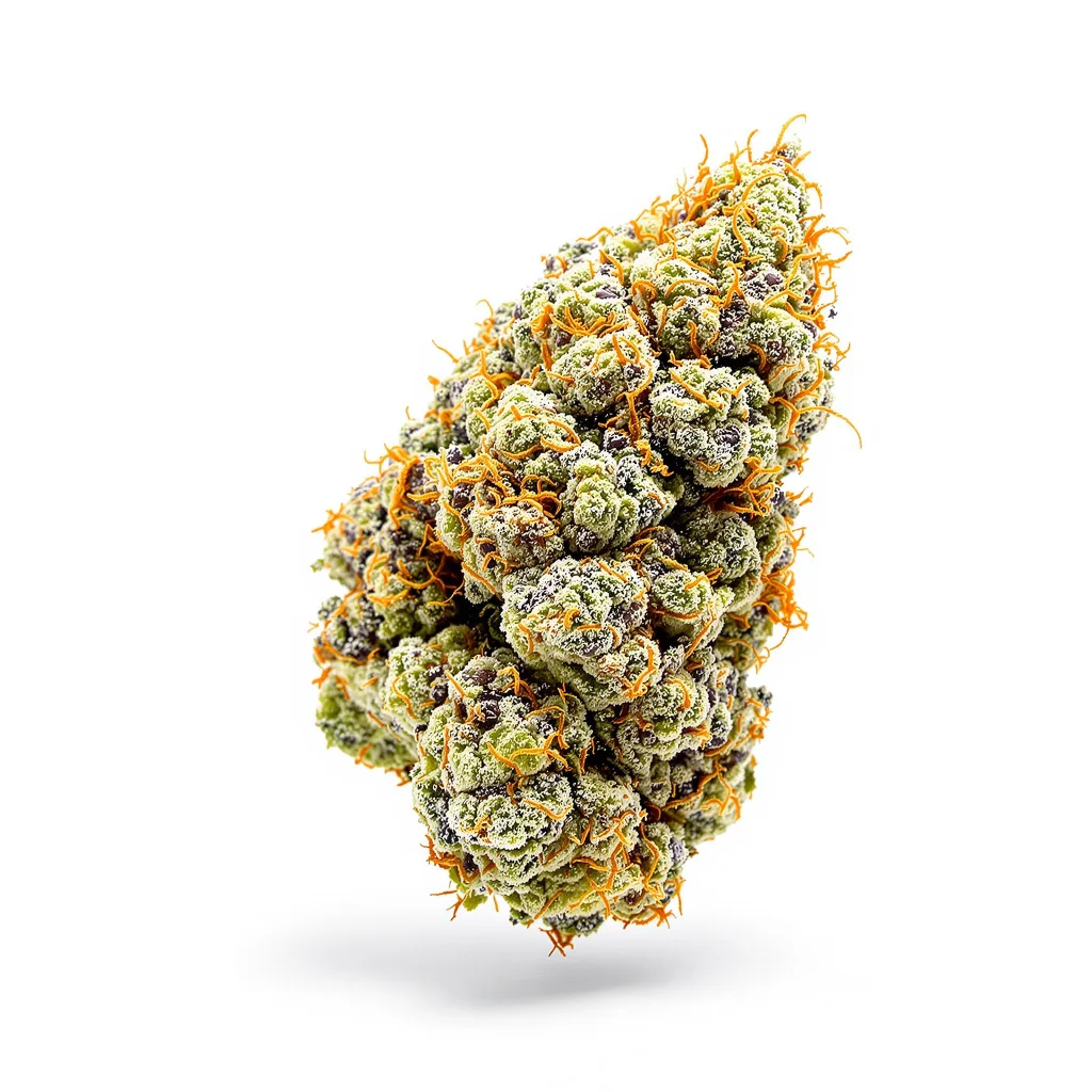 Mazar x Blueberry 39% indica / 61% sativa flower with visible trichomes